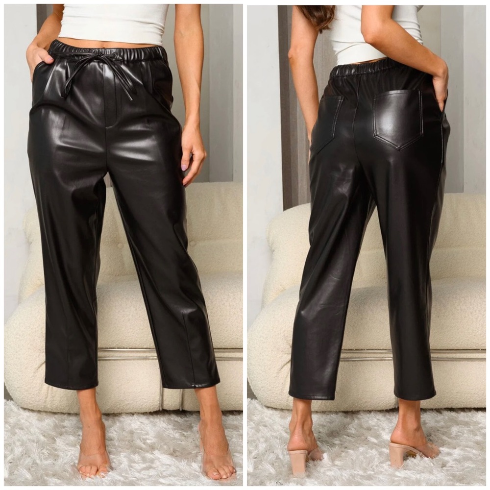 HYFVE Trendy Chic Black Pleather Straight Leg Pants - Picture 3 of 4